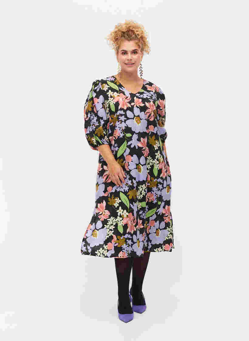 Gebloemde viscose midi-jurk met 3/4-mouwen, Purple Green Flower, Model image number 0