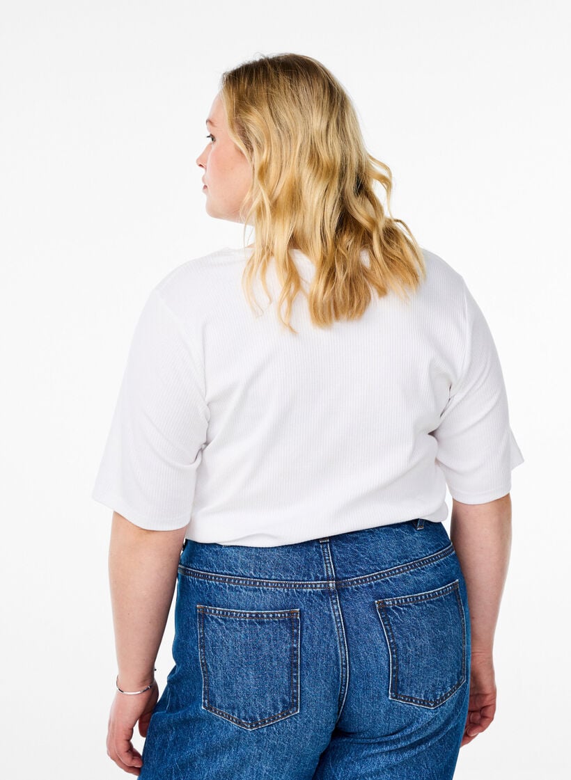Geribde jersey blouse met korte mouwen, Wit, Model image number 2