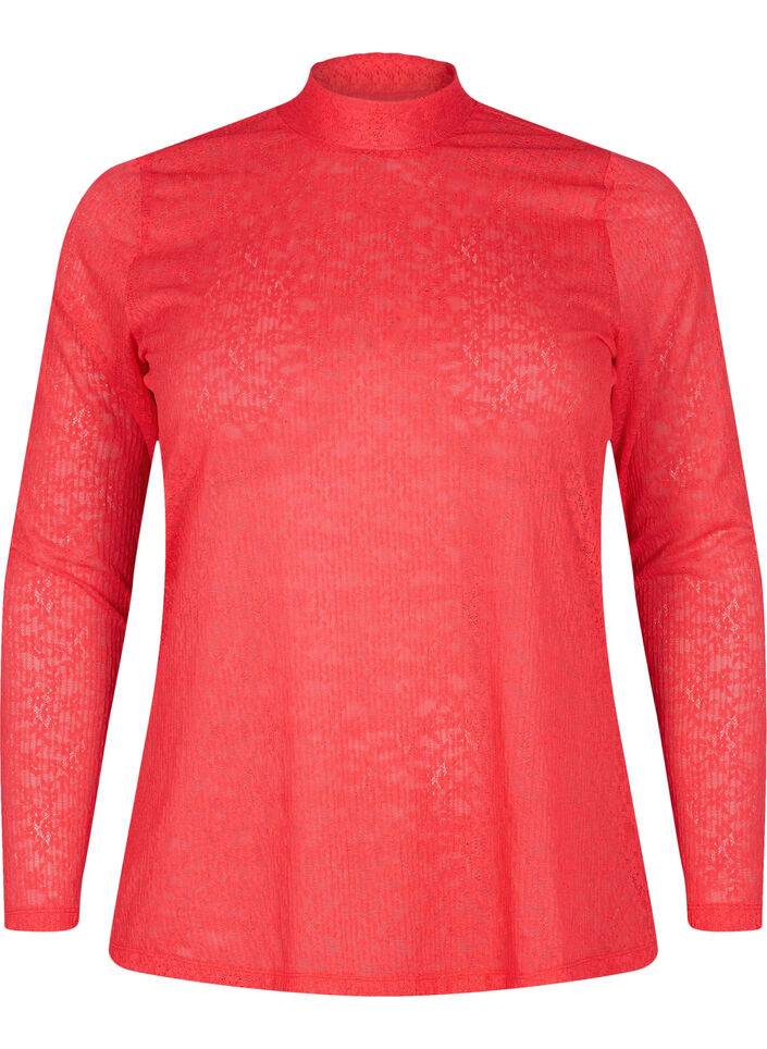 Nauwsluitende kanten blouse met lange mouwen, Hibiscus, Packshot image number 0