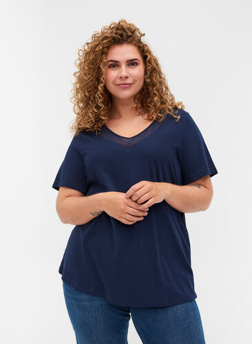 T-shirt met korte mouwen, v-hals en mesh, Navy Blazer, Model image number 0