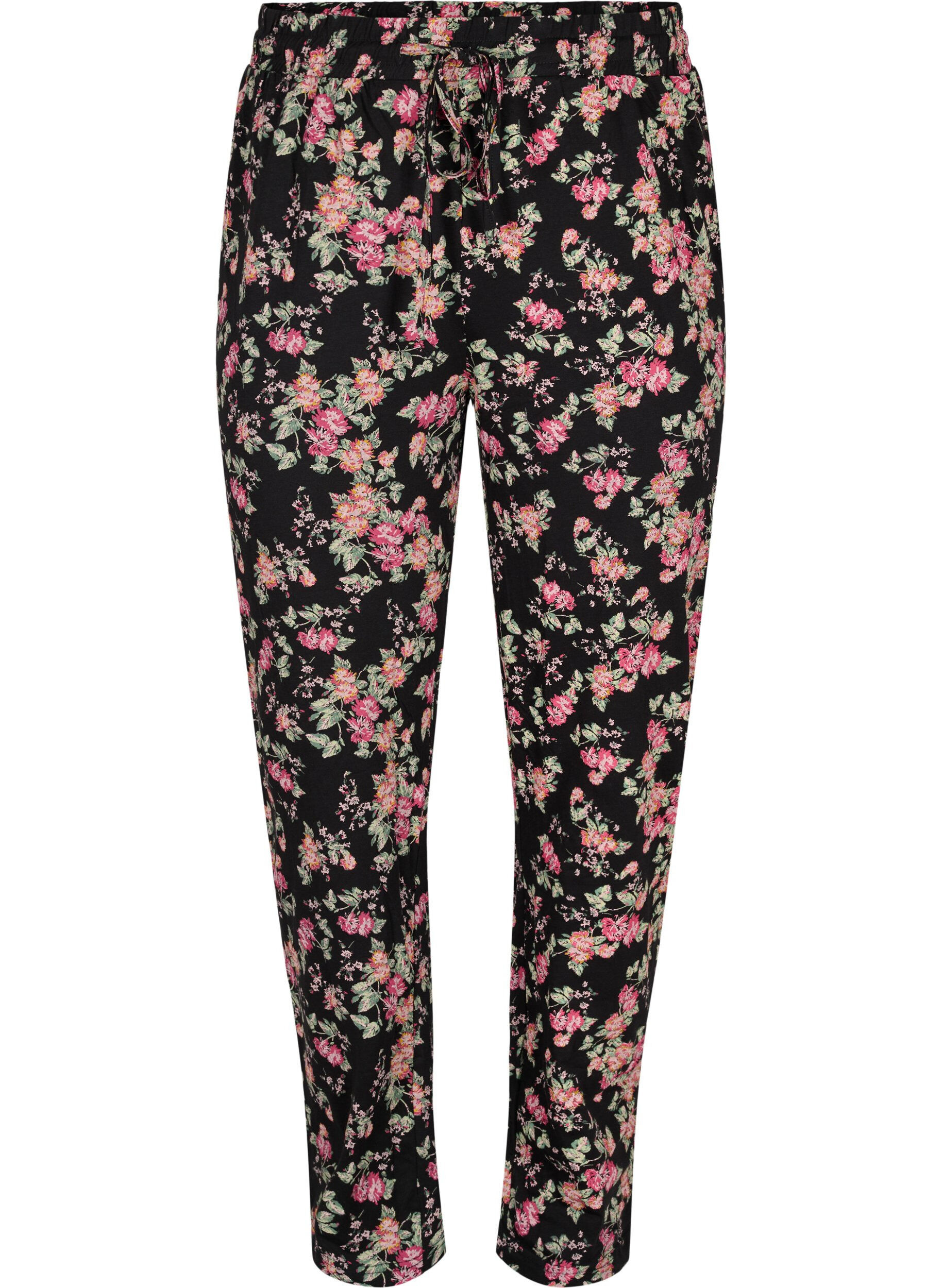 Zizzi Katoenen pyjama broek , Black Pink Oran Flow, Packshot image number 0