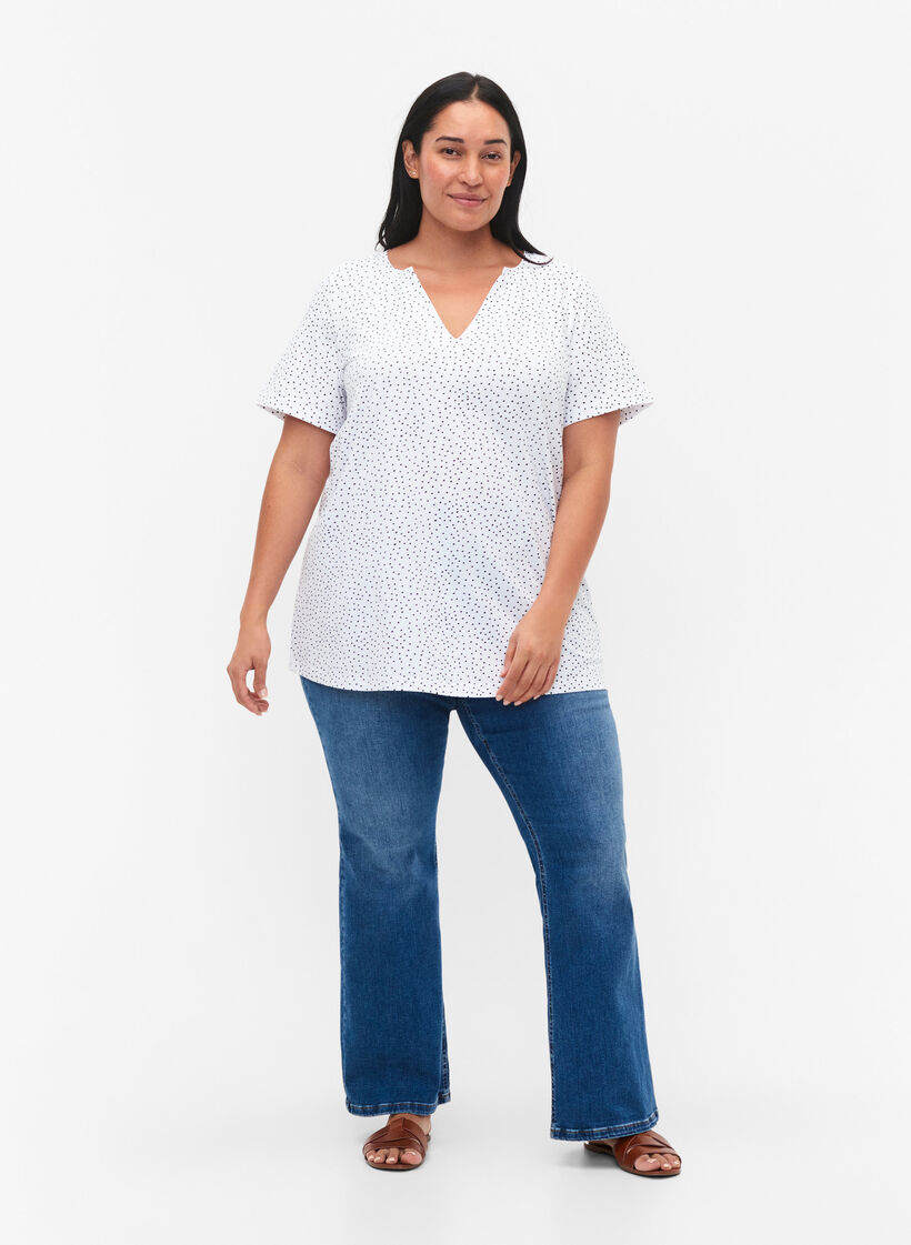 Katoenen t-shirt met stippen en V-hals, B.White/Black Dot, Model image number 2
