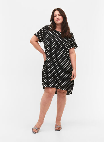 Bedrukte jurk met korte mouwen, Black w. Dots, Model image number 2