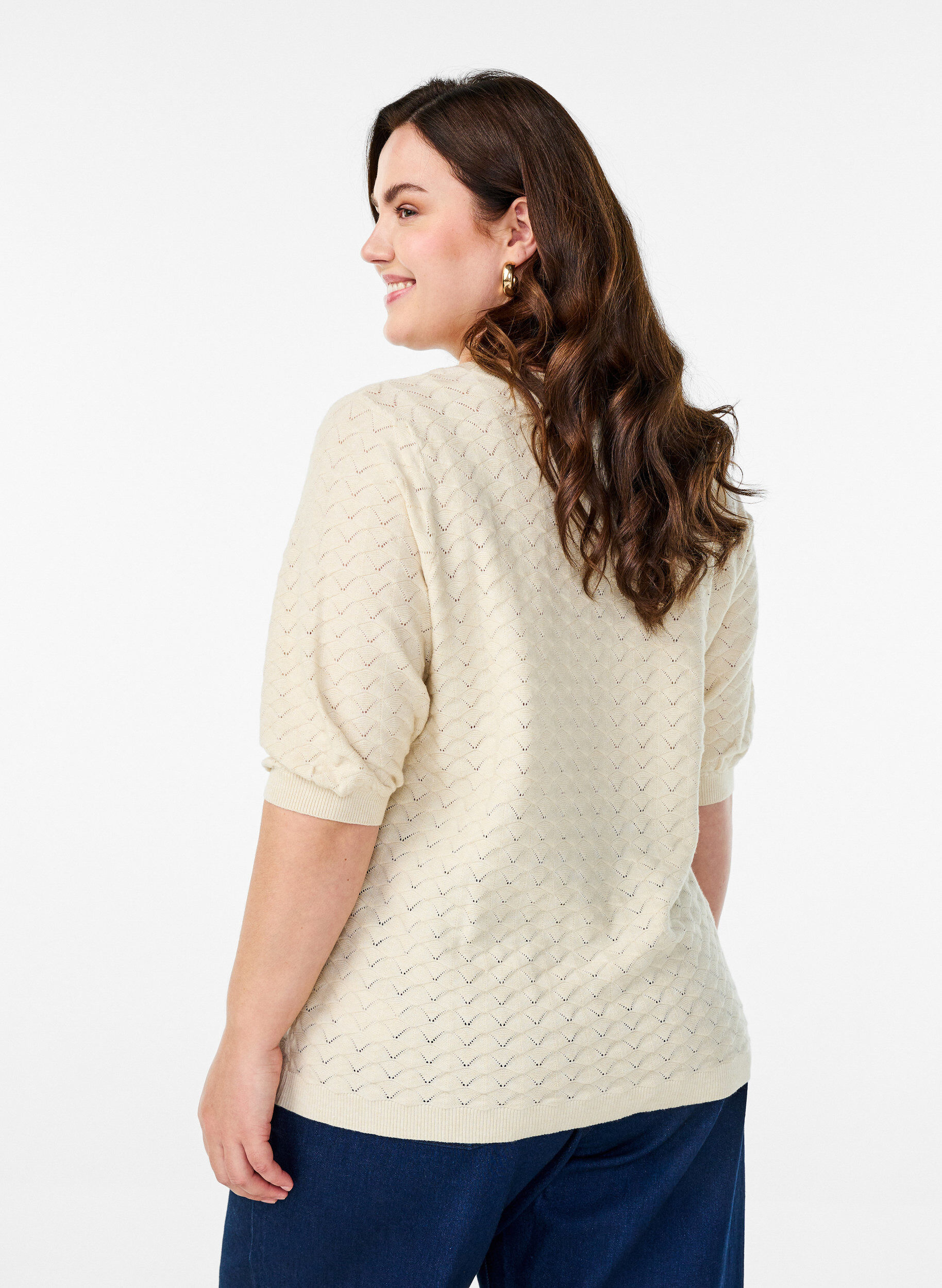 Zizzi Gebreide blouse met opengewerkt patroon en korte mouwen, Birch Mel., Model image number 1