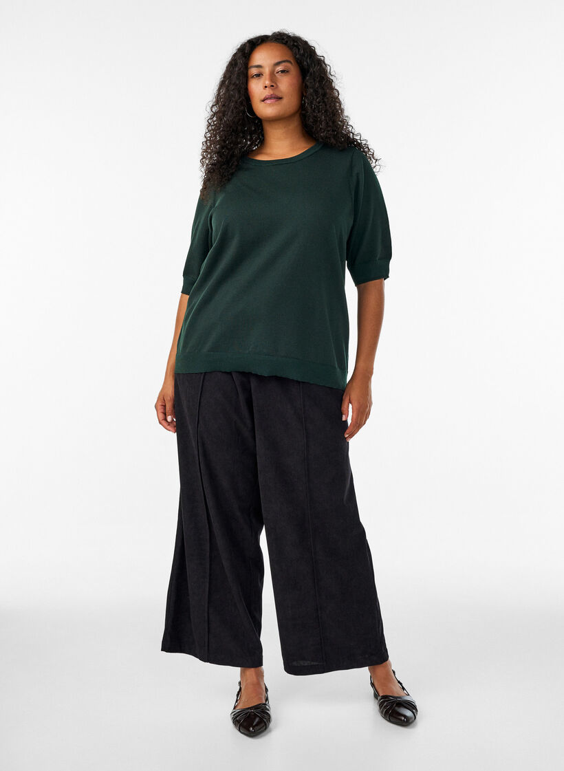 Fijngebreide blouse met korte mouwen, Groen, Model image number 1