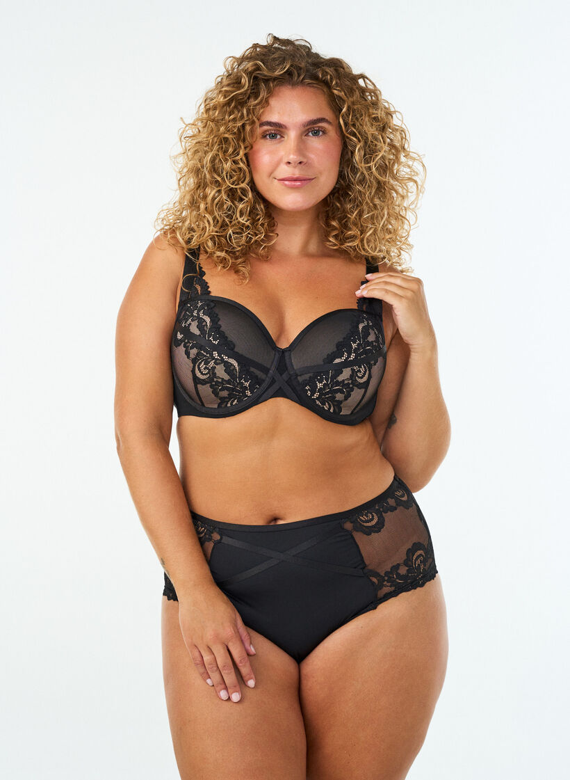 Voorgevormde bh met beugel en bloemenkant, Zwart, Model image number 1