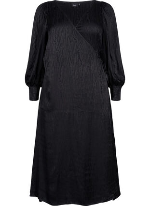 Viscose jurk met lange mouwen en ton sur ton print, Black, Packshot image number 0