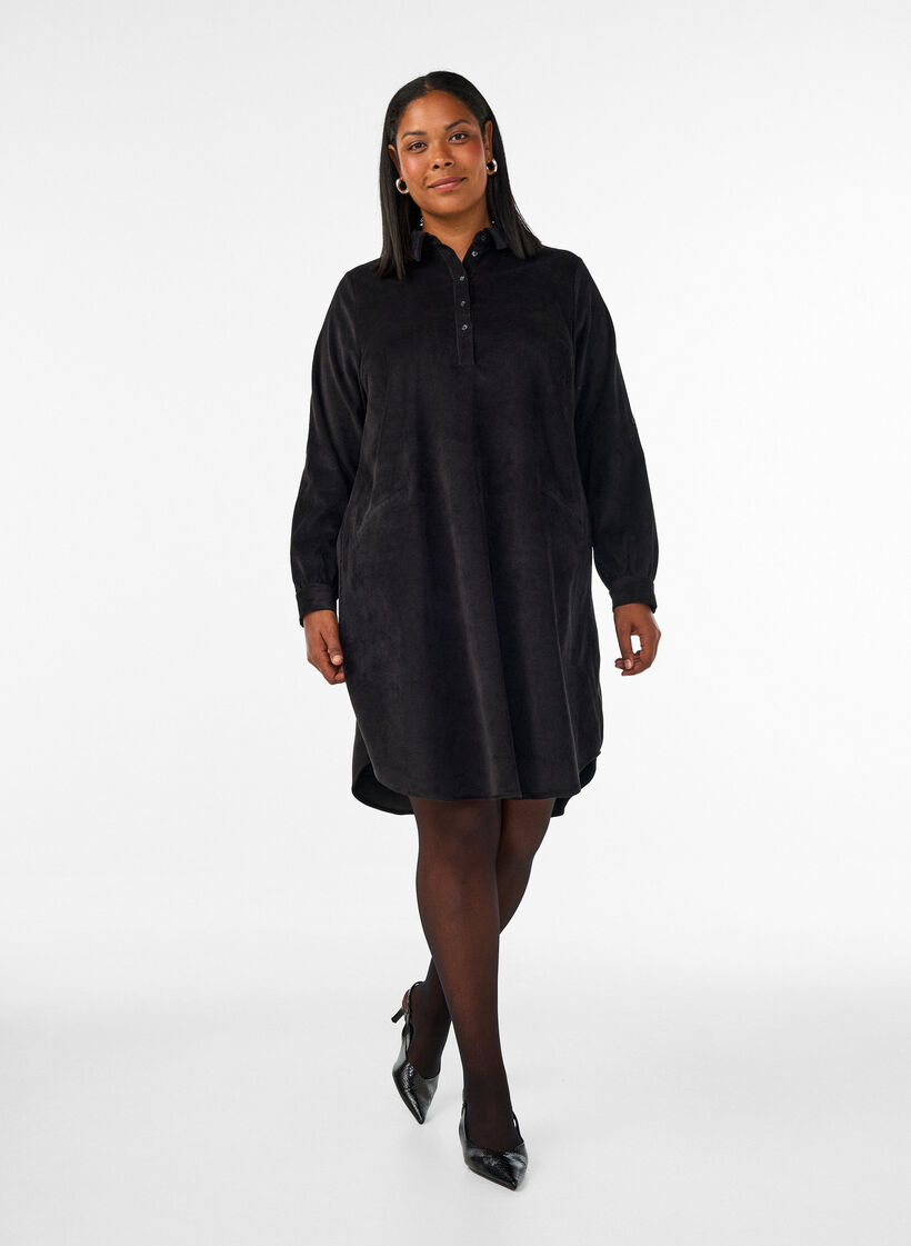 Corduroy overhemdjurk met kraag en knoopsluiting, Zwart, Model image number 1