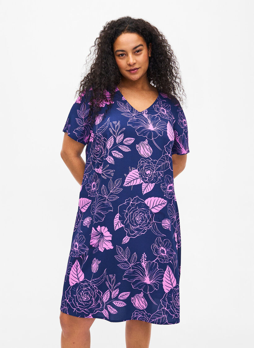 FLASH - V-hals jurk met bloemenprint, Medieval Blue Flower, Model image number 0