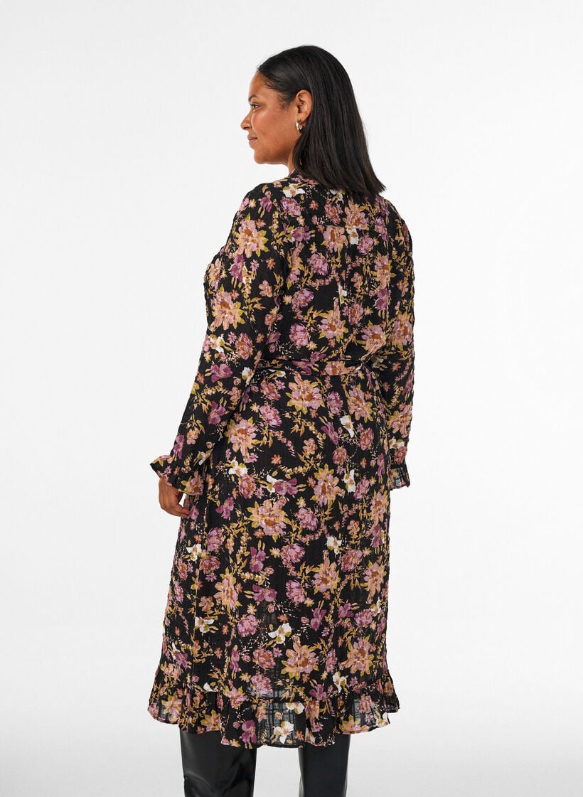 Midi-jurk met bloemenprint en afneembare strikceintuur, Zwart, Model image number 2