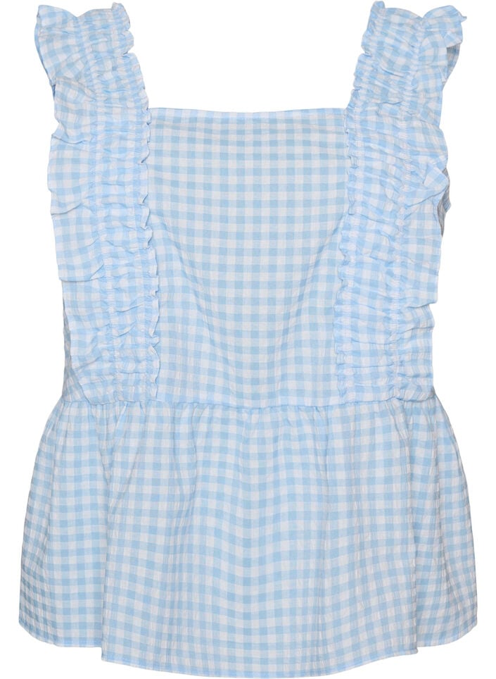 Top met ruitjes en ruchesdetails, Blauw, Packshot