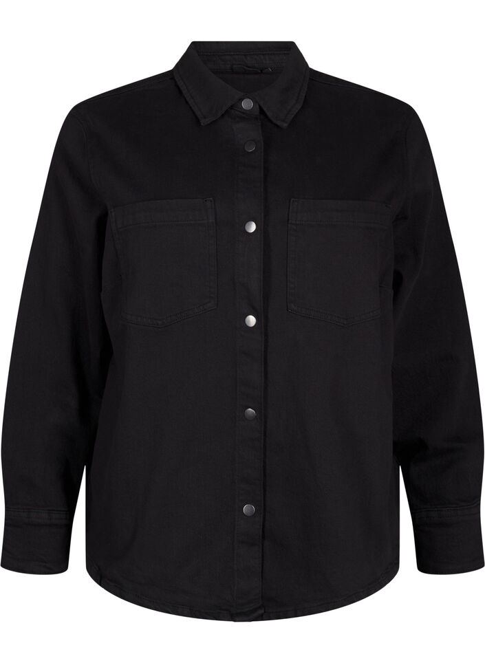 Denim shirt met knopen en borstzakken, Black, Packshot image number 0