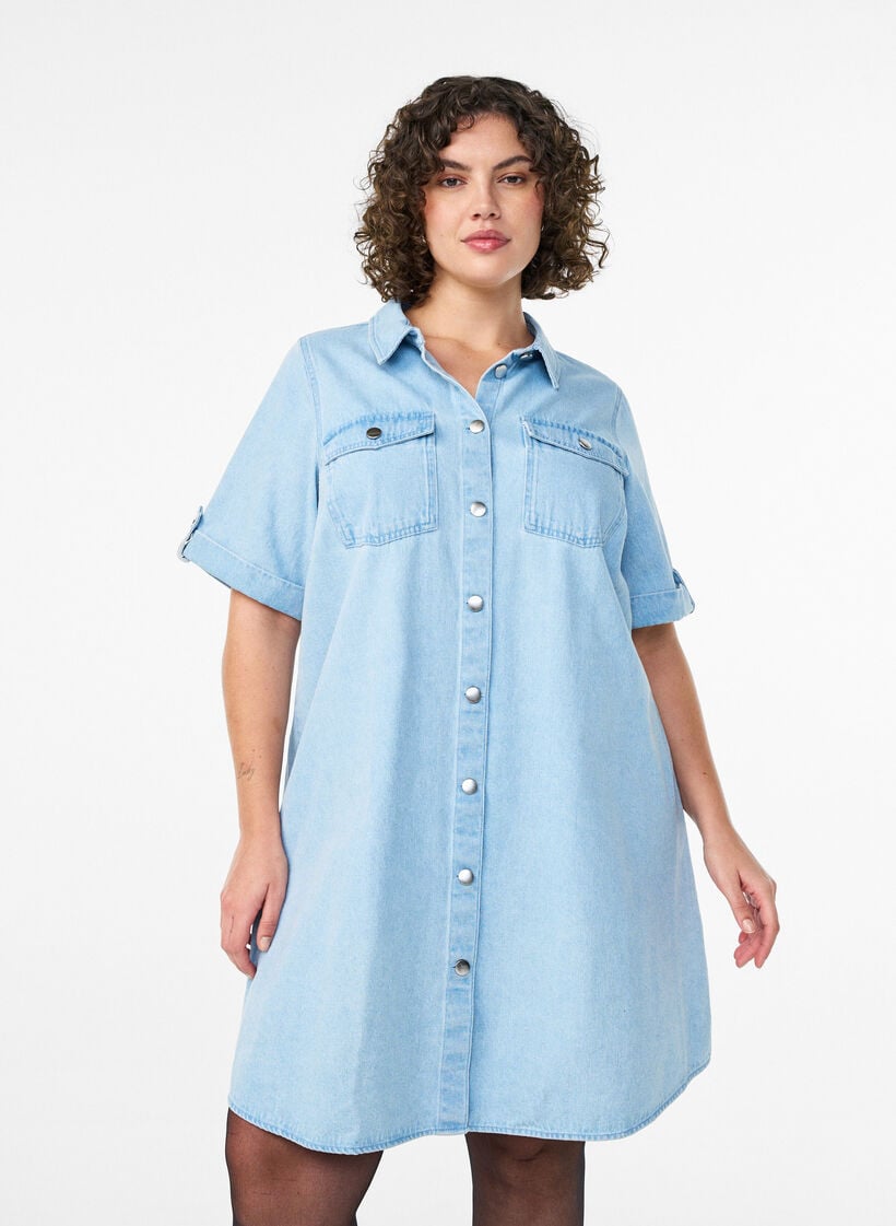 Denimjurk met korte mouwen en knopen, Blauw, Model image number 0