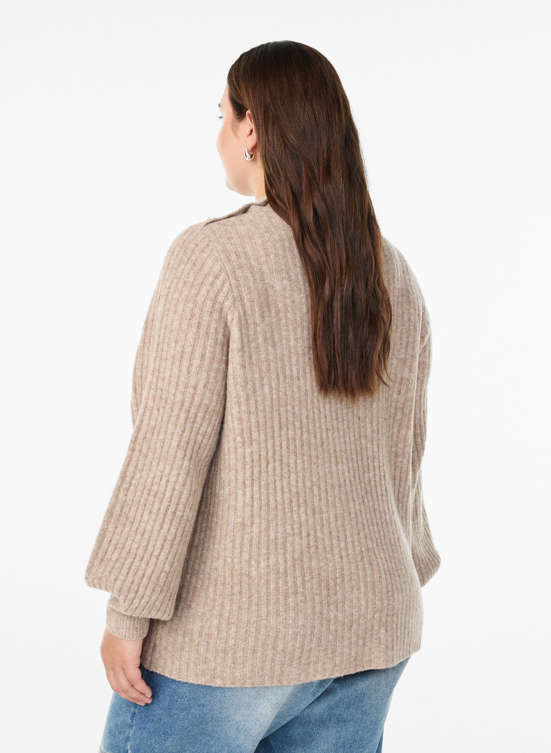 ZizziGeribde trui met pofmouwen en knopen, Beige, Model image number 2