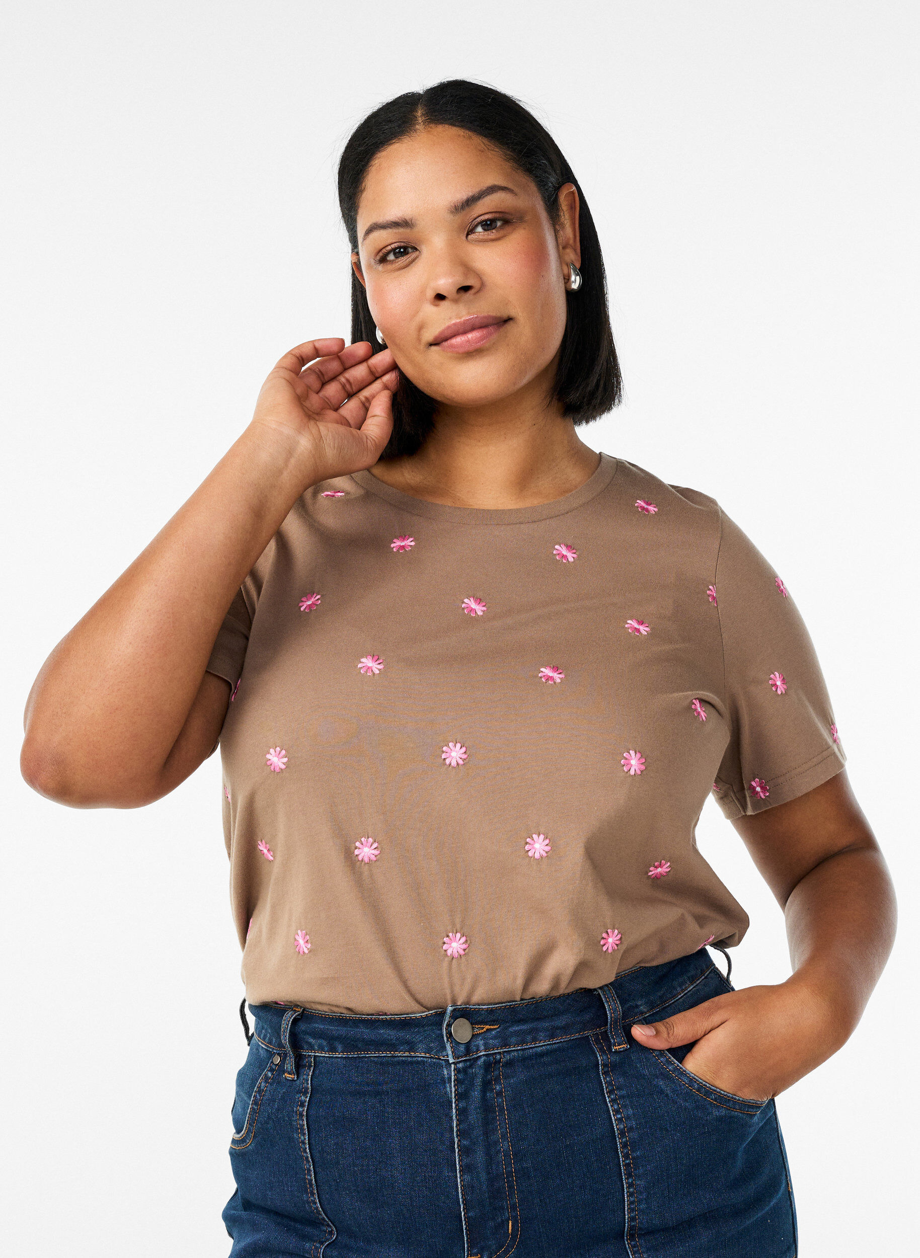 ZizziT-shirt in biologisch katoen met geborduurde motieven, Bruin, Model image number 0