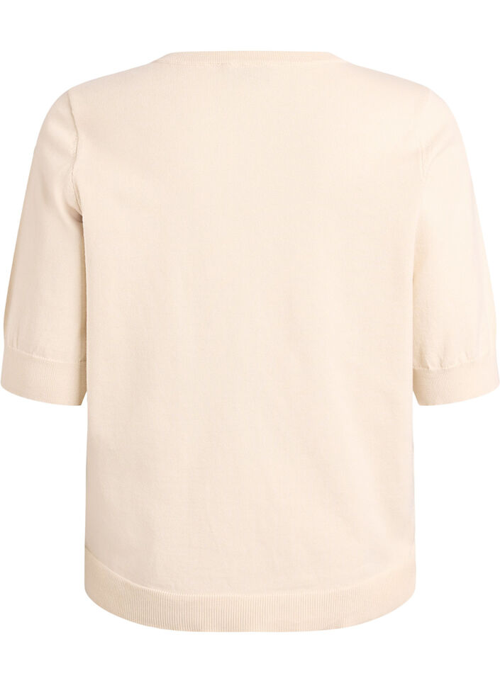 Fijngebreide blouse met korte mouwen, Beige, Packshot image number 1