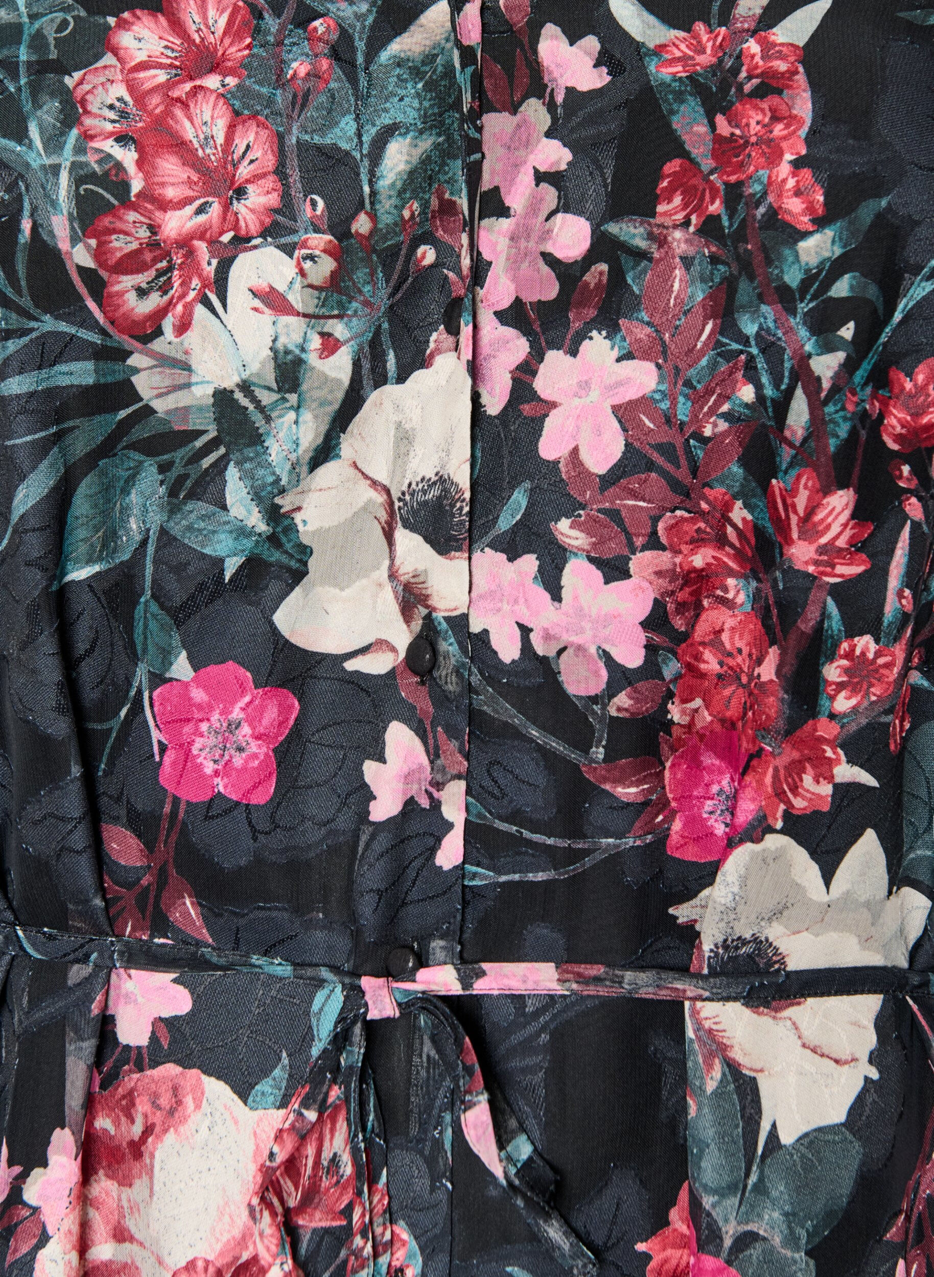 ZizziBloemen midi-jurk met geweven textuur en strikceintuur, Zwart, Packshot image number 2