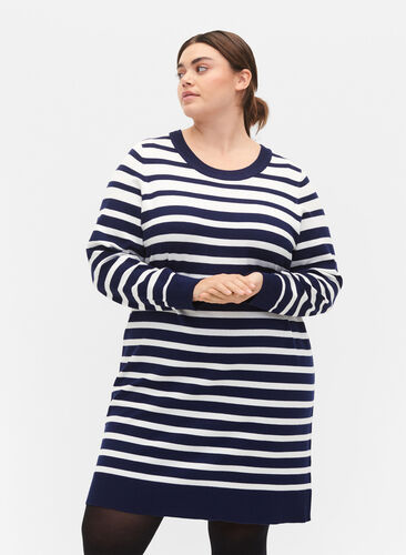 Gebreide jurk met lange mouwen, Peacoat W. Stripes, Model image number 0