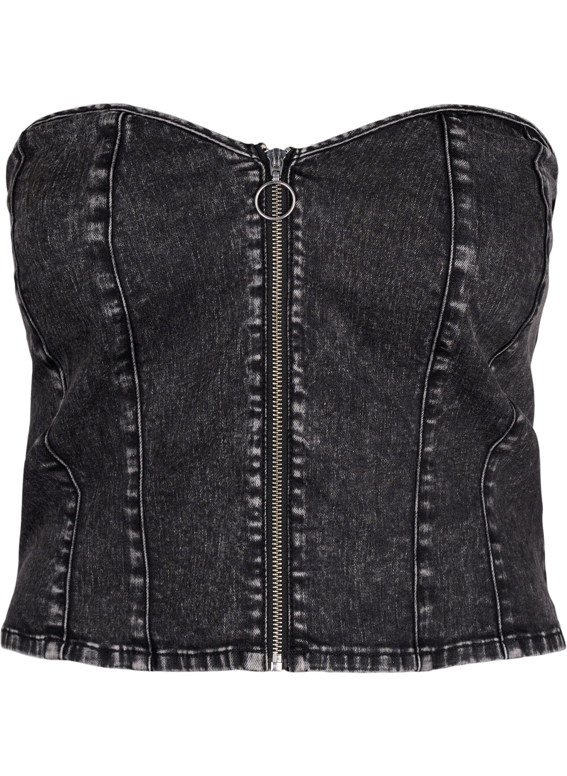 Zizzi Denim korset top met rits, Black, Packshot image number 0