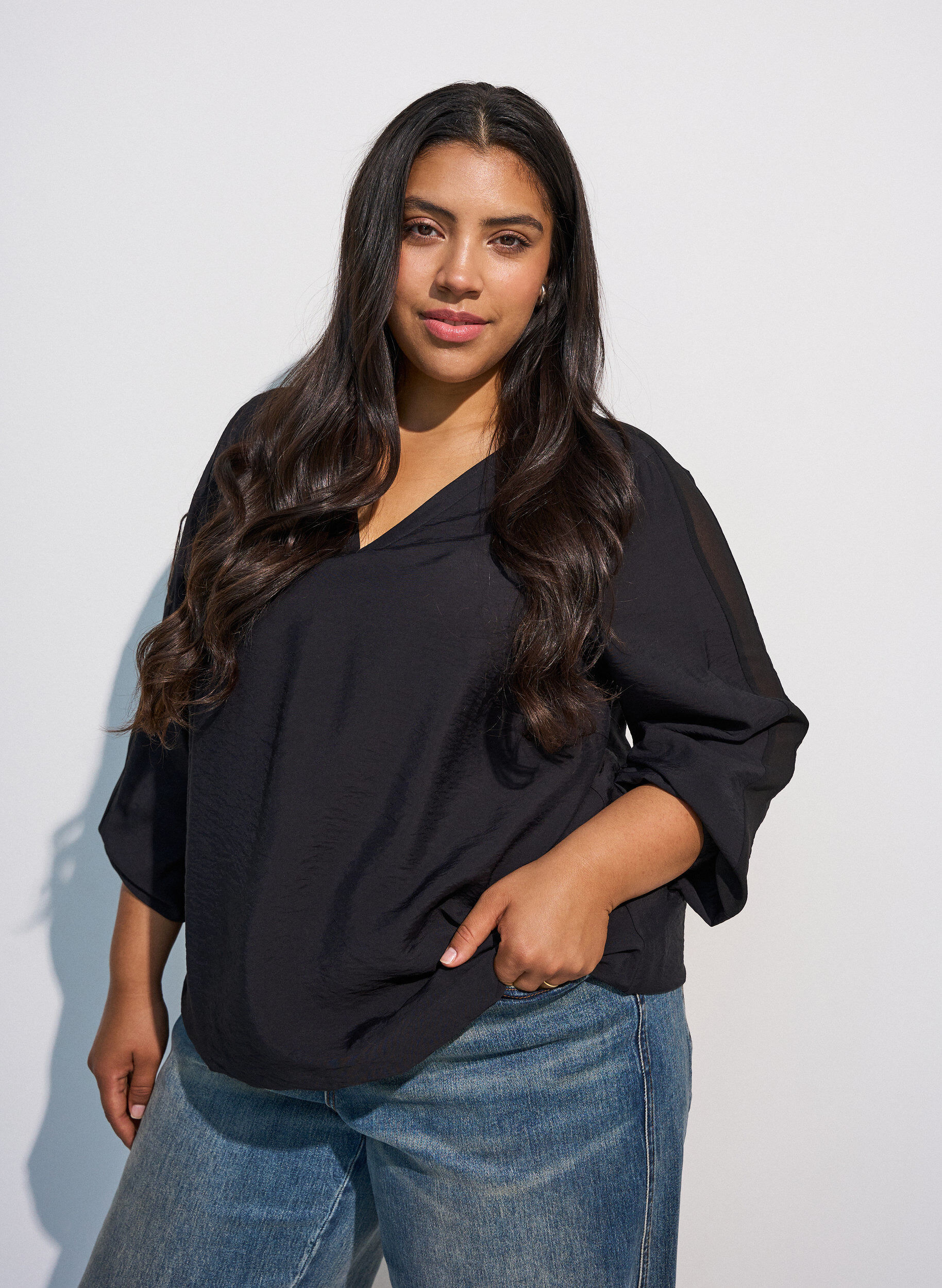 ZizziBlouse met balloneffect en chiffondetails, Zwart, Model image number 0