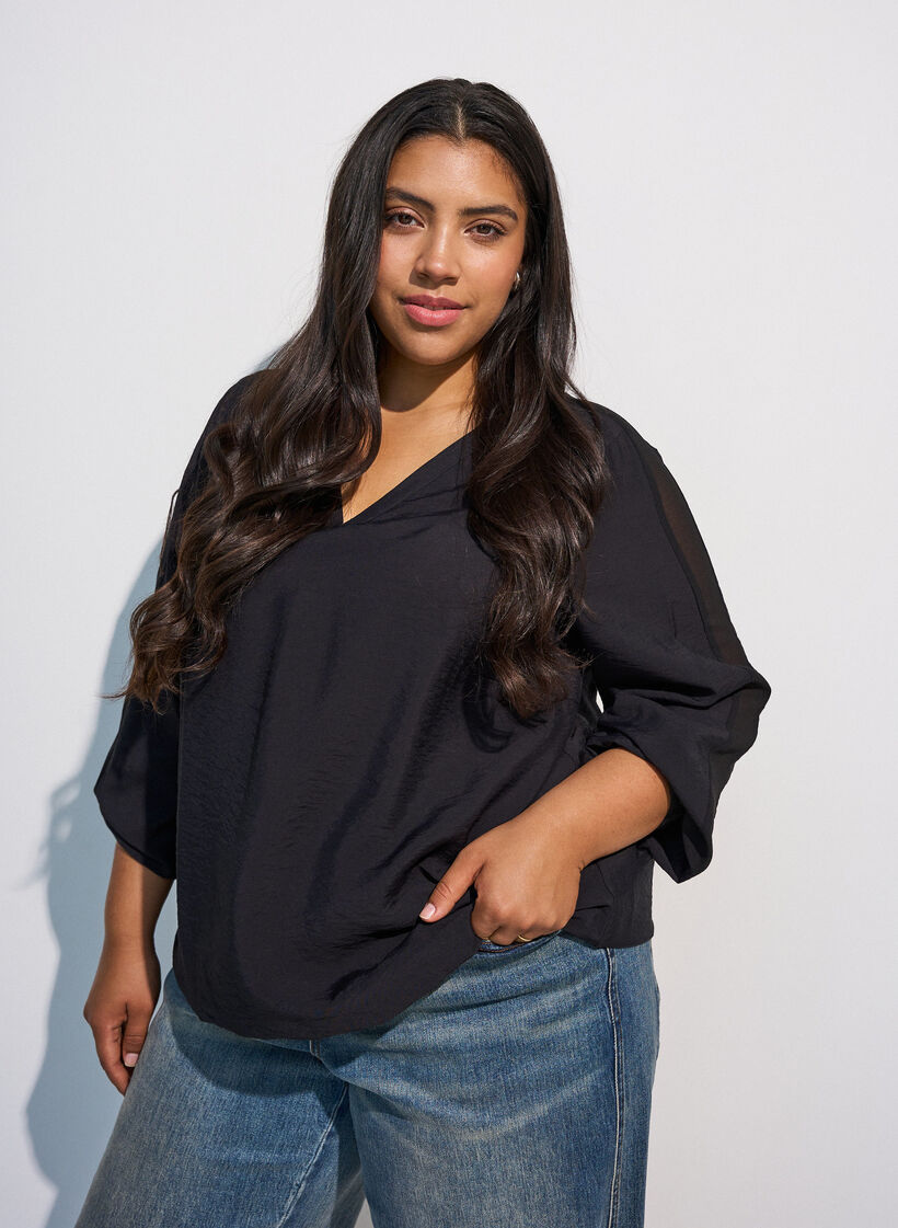 Blouse met balloneffect en chiffondetails, Zwart, Model image number 0