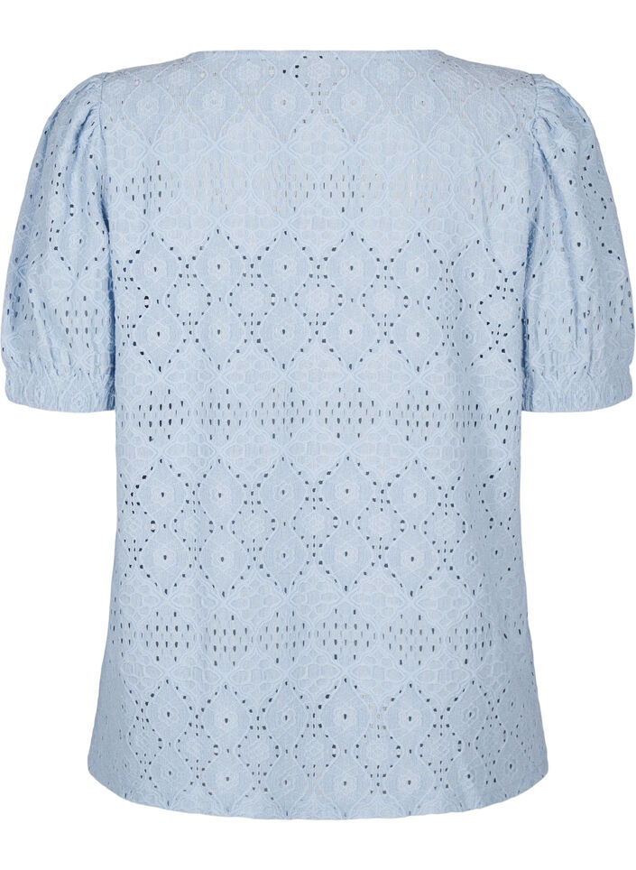 Blouse met korte mouwen en patroon met kant, Cashmere Blue, Packshot image number 1