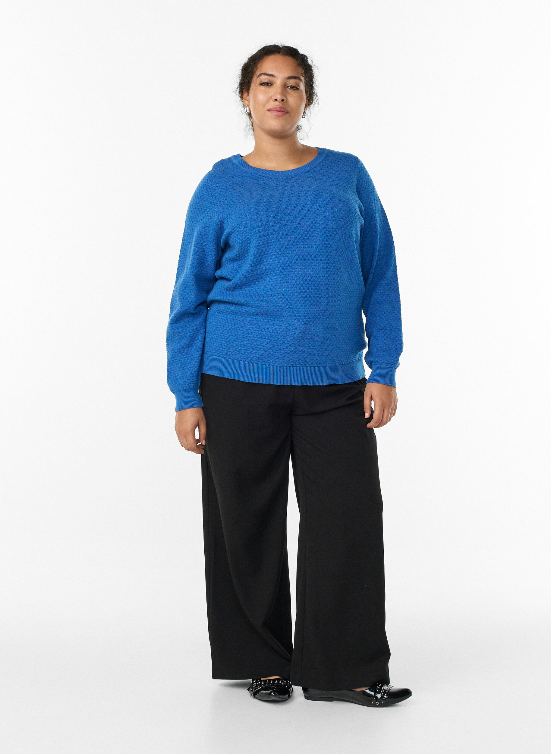 Zizzi Gebreide blouse van katoen met structuurpatroon, Blauw, Model image number 1