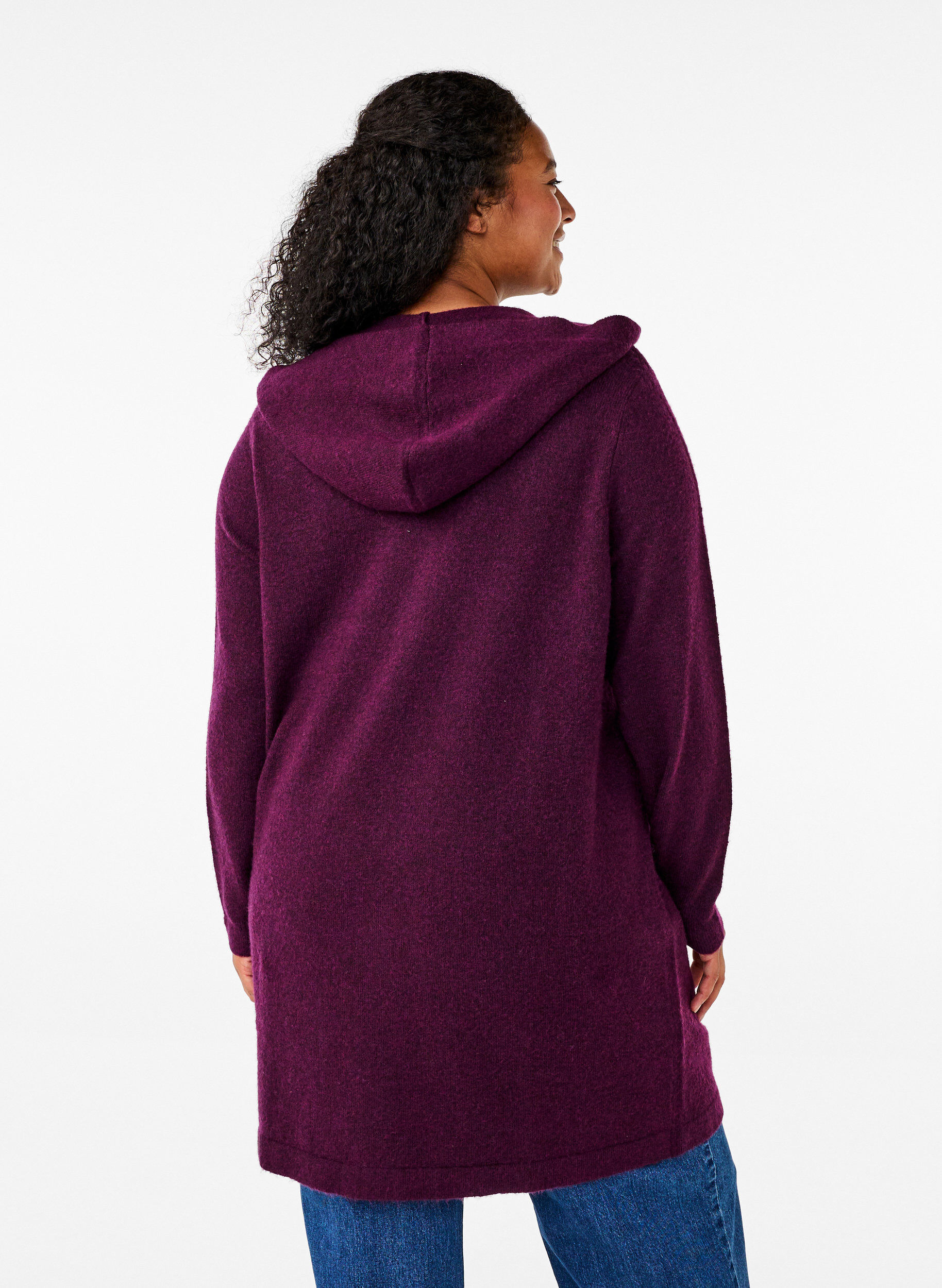 Zizzi Lang gebreid vest met wol en capuchon, Potent Purple Mel., Model image number 1