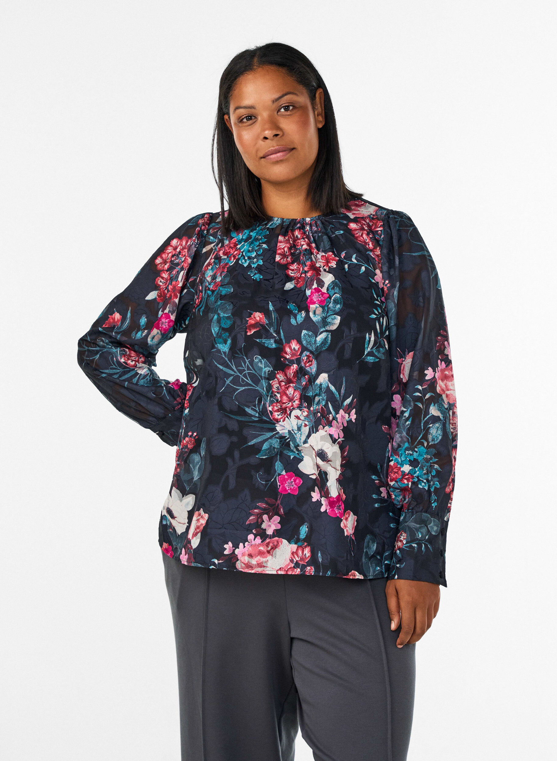 ZizziBlouse met bloemenprint en geweven textuur, Zwart, Model image number 0