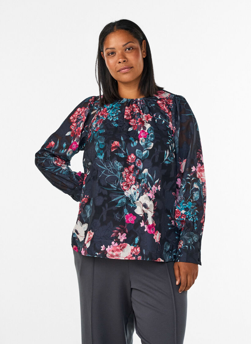 Blouse met bloemenprint en geweven textuur, Zwart, Model image number 0
