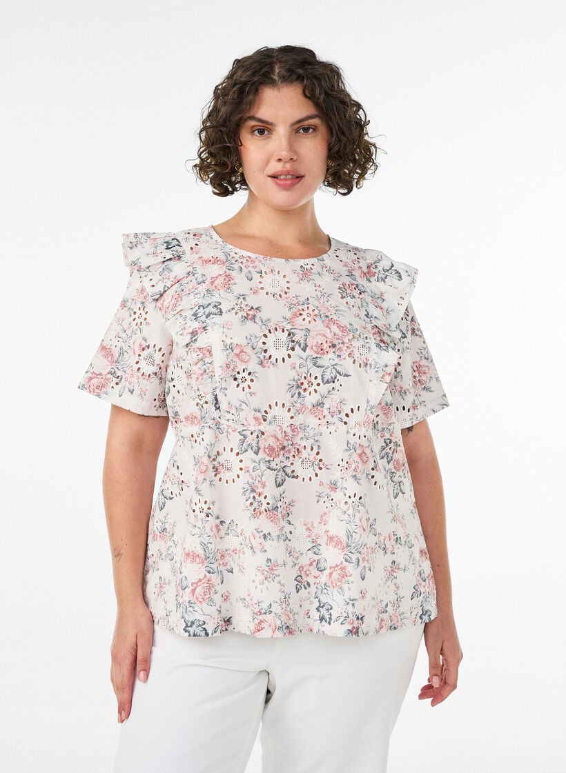 Katoenen blouse met broderie anglaise en ruches, Rood, Model image number 0