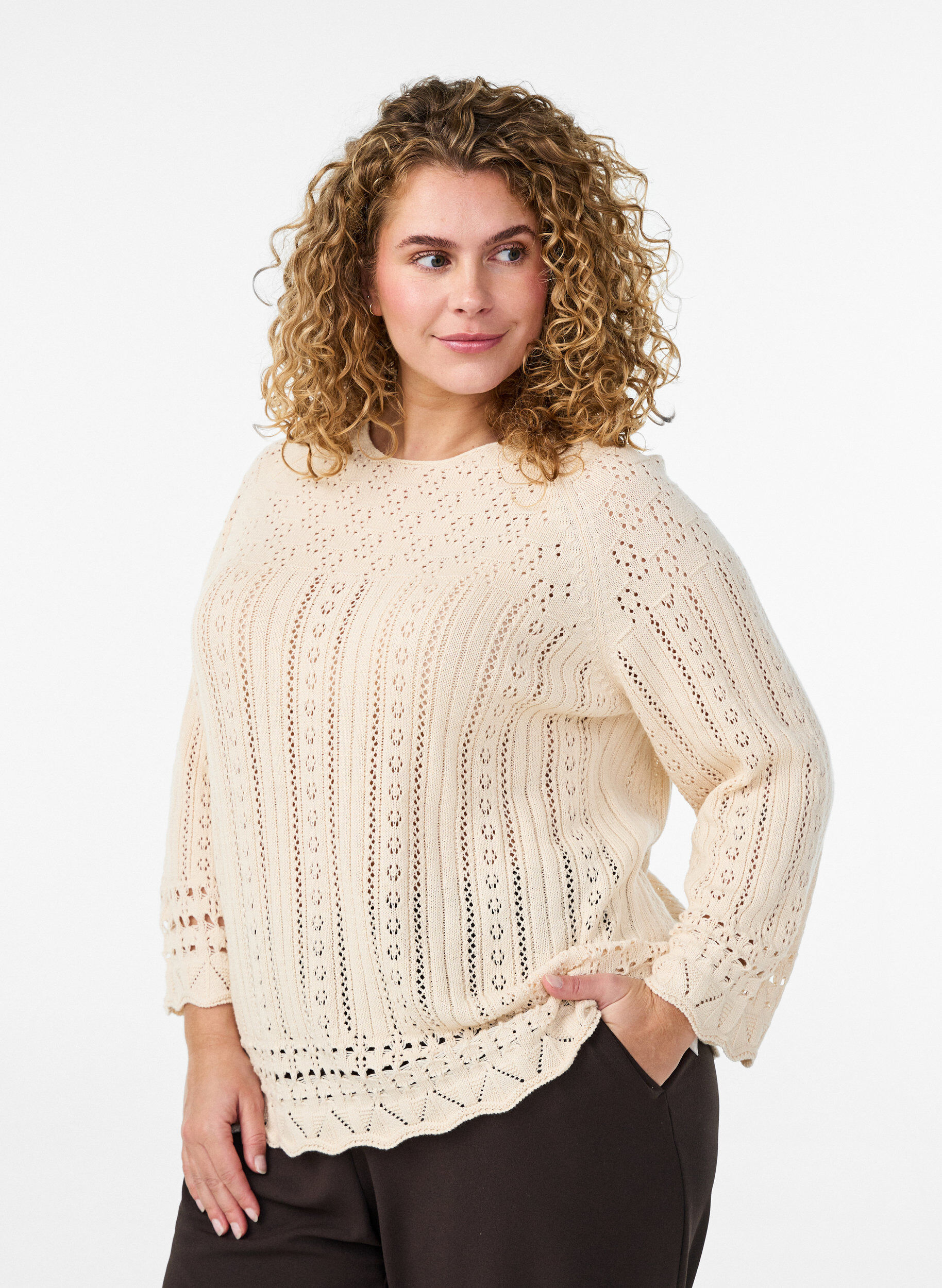 Zizzi Gebreide top met ajour borduursel en 3/4 mouwen, Beige, Model image number 0