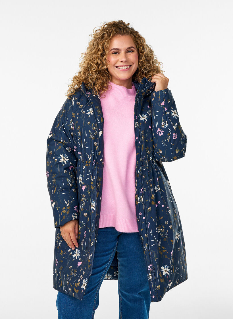 Gewatteerde winterjas met bloemenprint, Blauw, Model image number 3