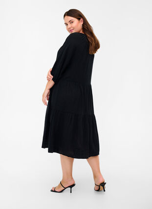 Katoenen jurk met 3/4 mouwen en strikje, Black, Model image number 1