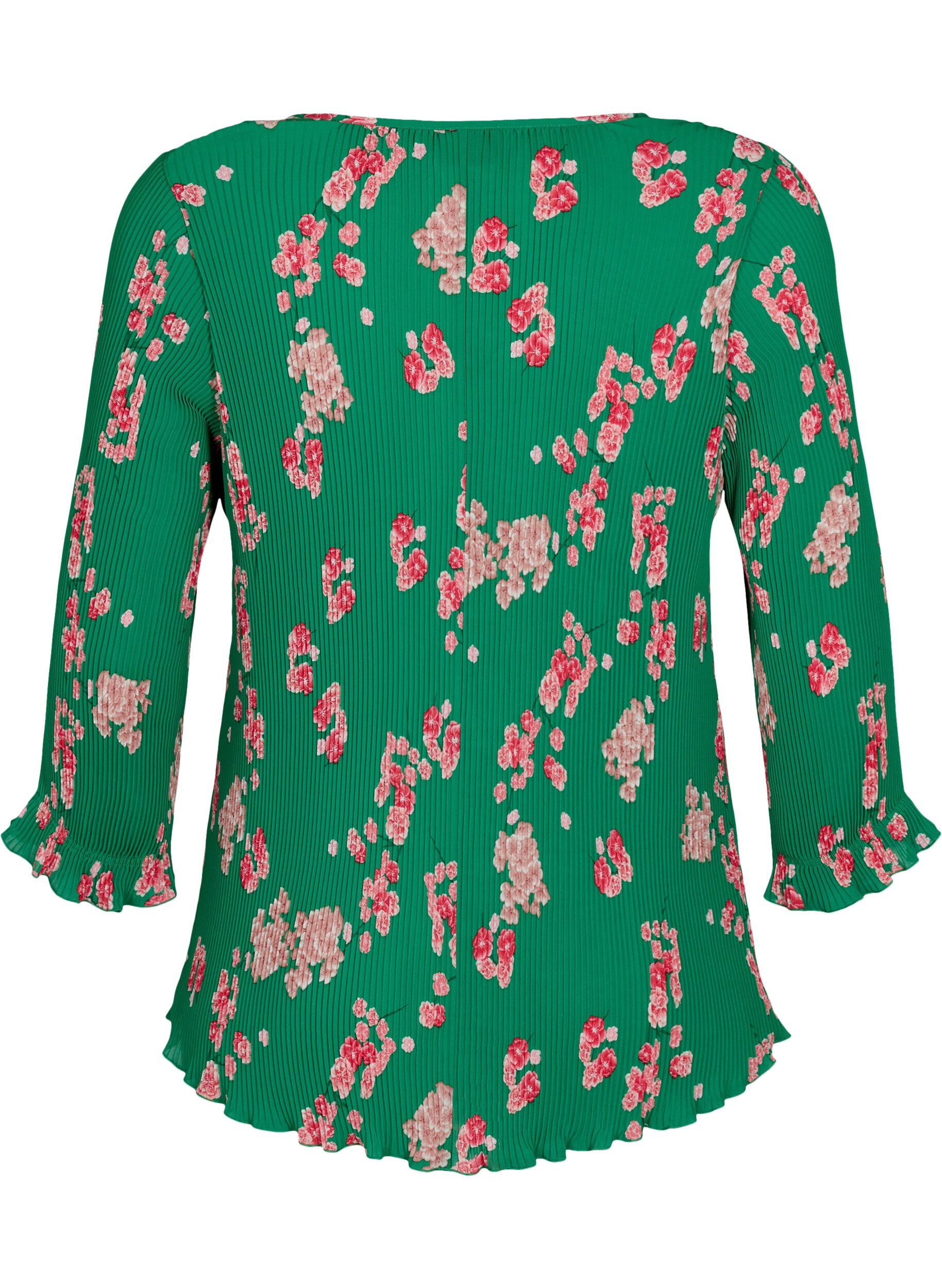 Zizzi Geplooide blouse met 3/4 mouwen, Jolly Green Flower, Packshot image number 1