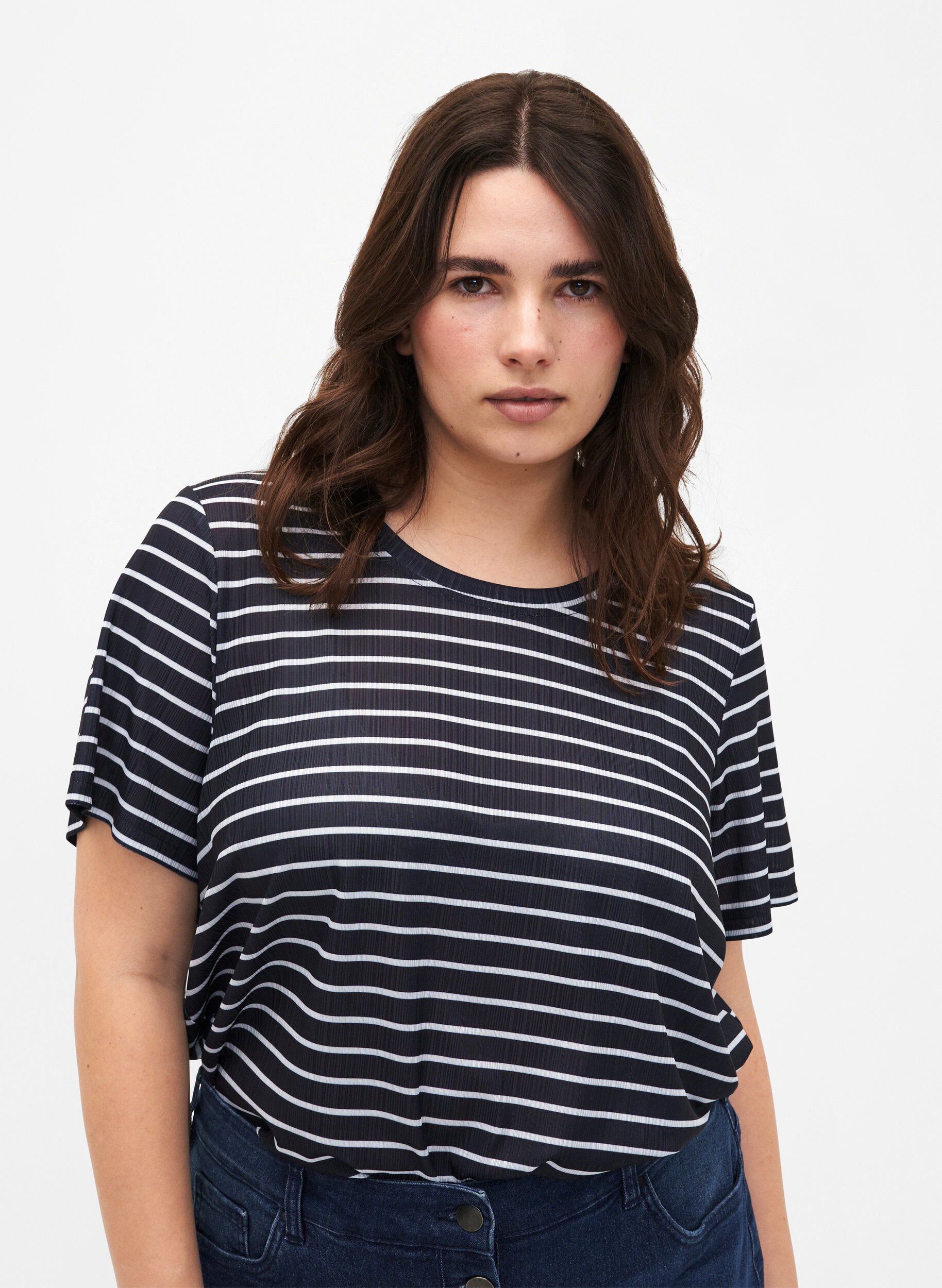 Zizzi FLASH - T-shirt met strepen, Night S. W. Stripe, Model image number 0