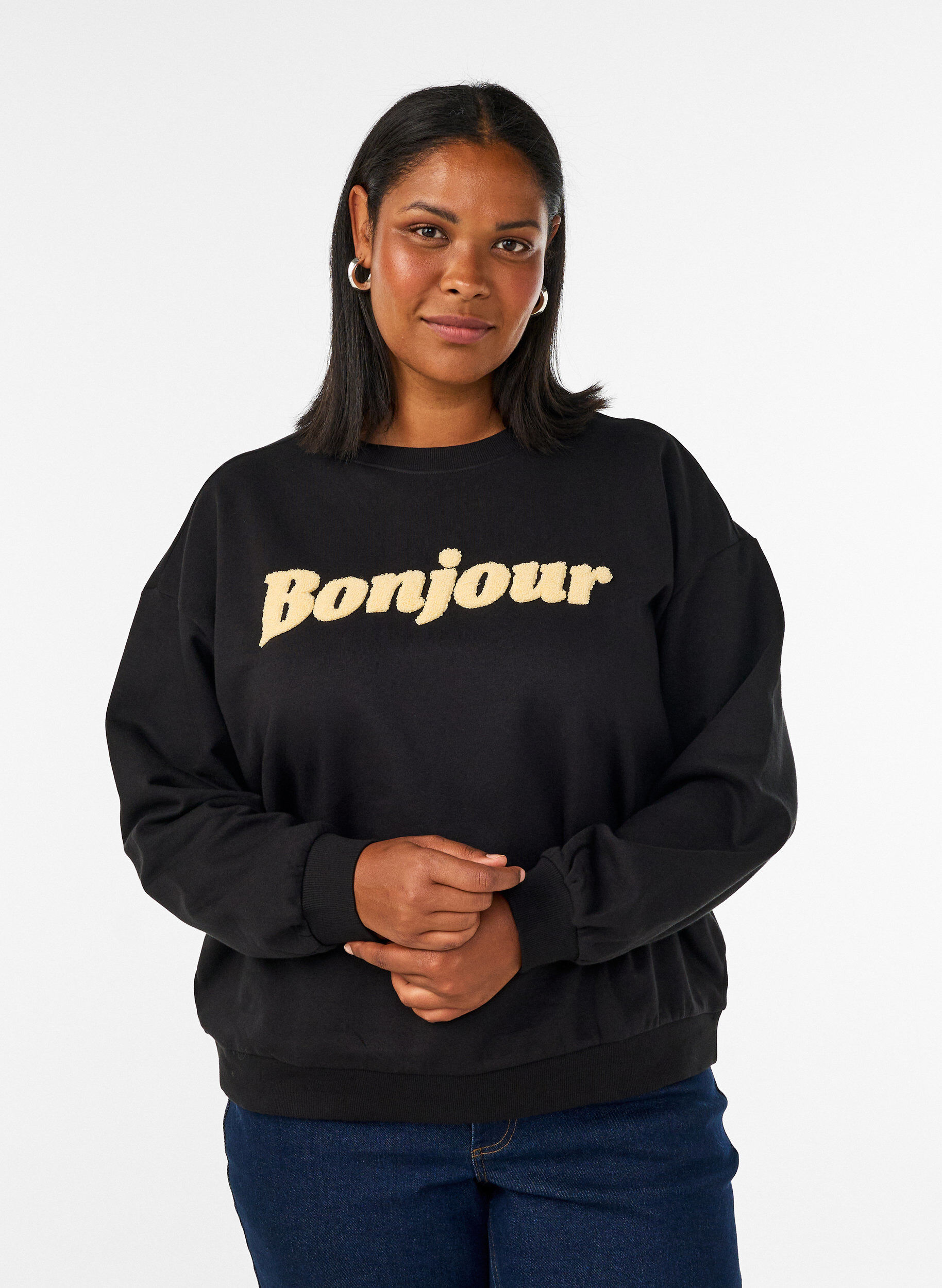 ZizziSweatshirt met boucl&eacute;-tekstmotief, Zwart, Model image number 0