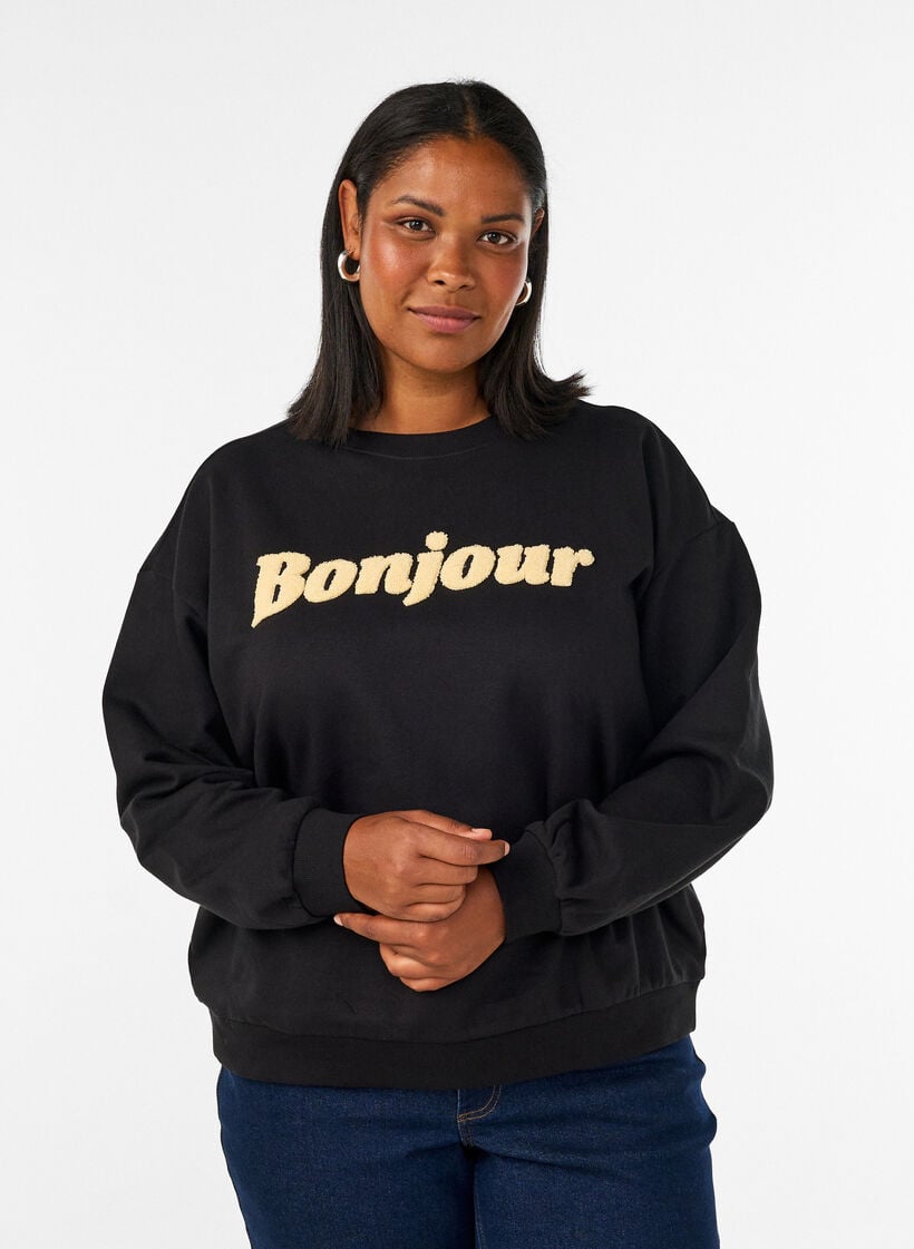Sweatshirt met boucl&eacute;-tekstmotief, Zwart, Model image number 0
