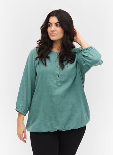 Katoenen blouse met knopen en 3/4-mouwen, Sagebrush Green, Model image number 0