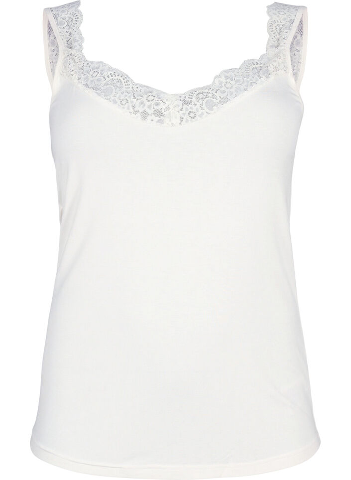 Top van viscose met kanten rand, Vanille, Packshot image number 0