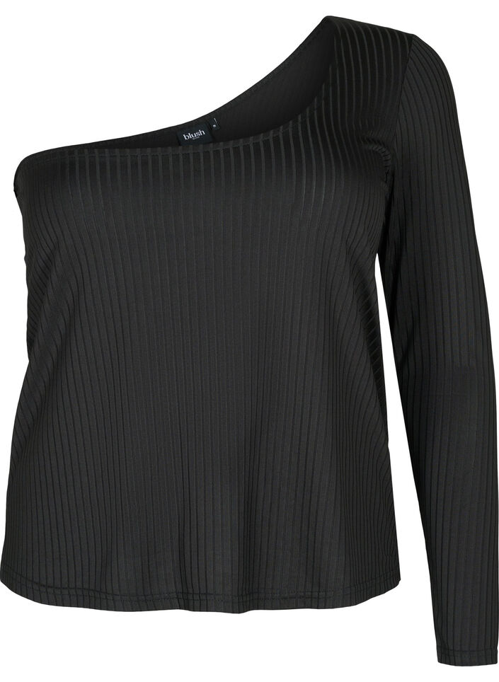 Een-schouder blouse, Black, Packshot image number 0