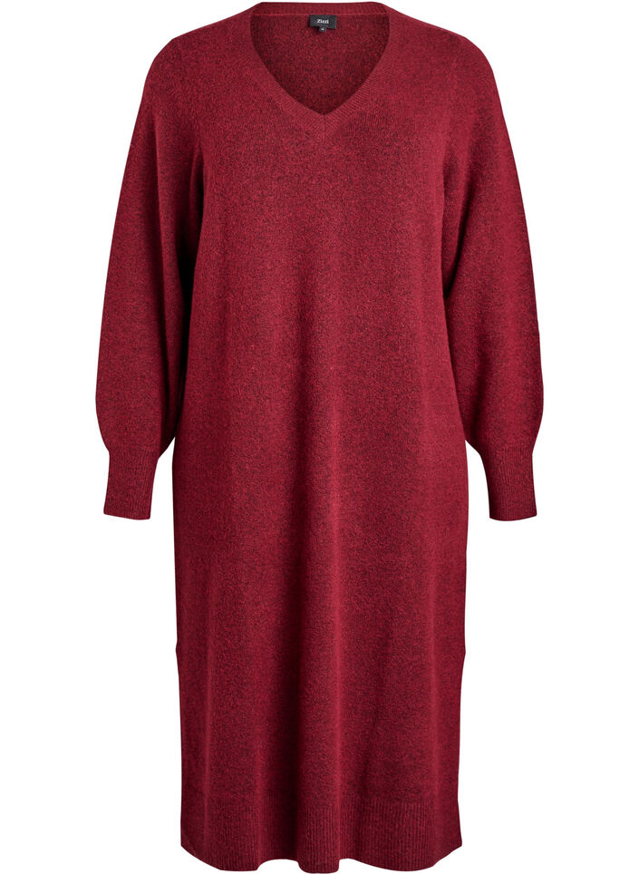 Gebreide jurk met lange mouwen en V-hals, Rood, Packshot image number 0