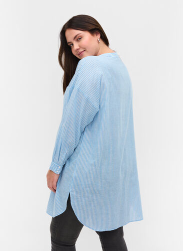 Gestreepte blouse in 100% katoen, Lichen Blue Stripe , Model image number 1