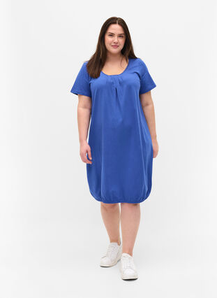 Katoenen jurk met ronde hals en korte mouwen, Dazzling Blue, Model image number 2