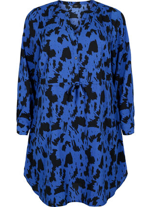 Bedrukte jurk met koord in de taille, Black Blue AOP, Packshot image number 0