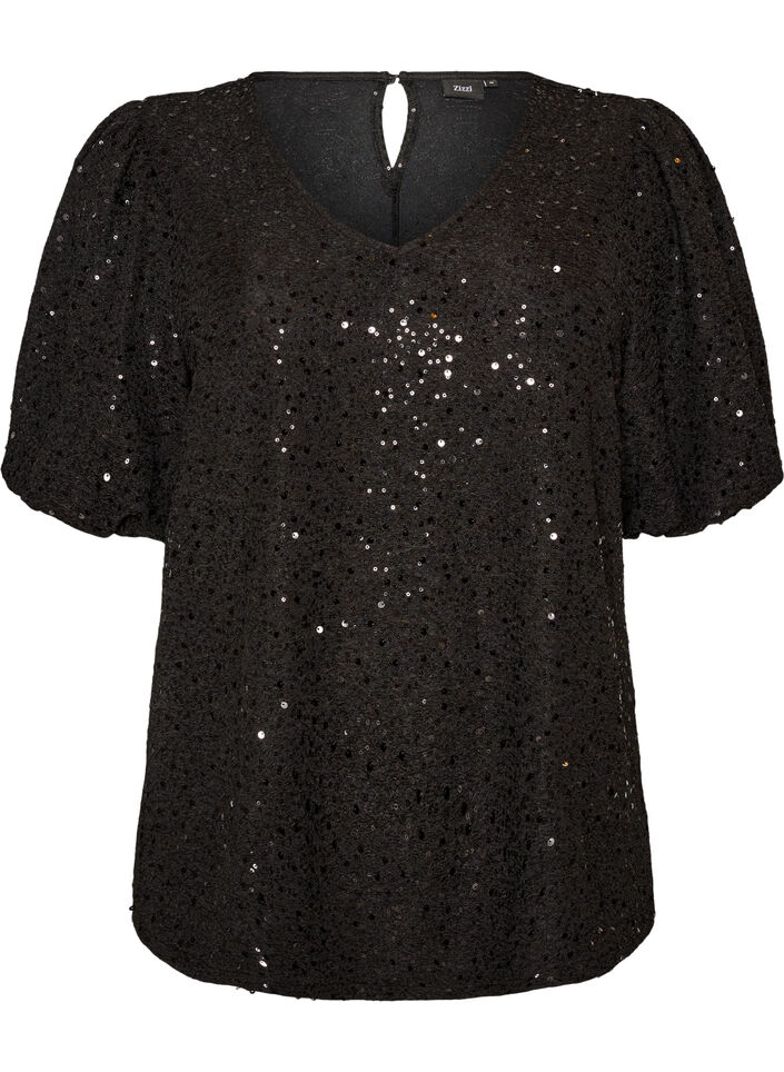Blouse met pailletten en ballonmouwen, Zwart, Packshot image number 0