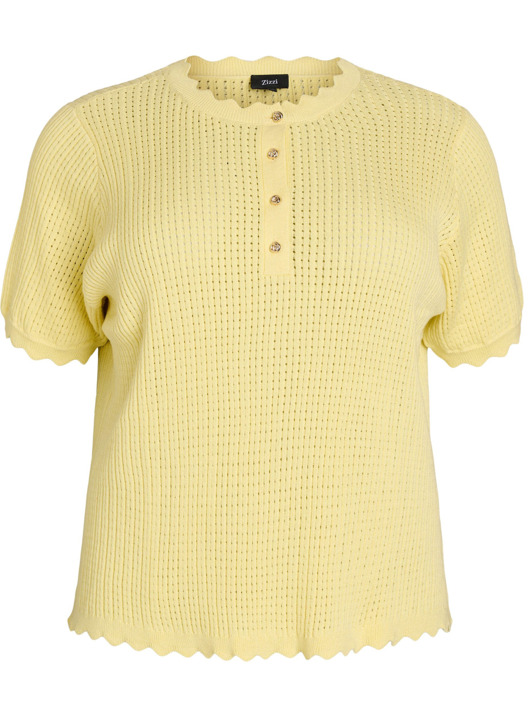 Zizzi Korte mouw gebreide blouse met ajourpatroon en golfranden, Geel, Packshot image number 0