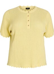 Korte mouw gebreide blouse met ajourpatroon en golfranden, Geel