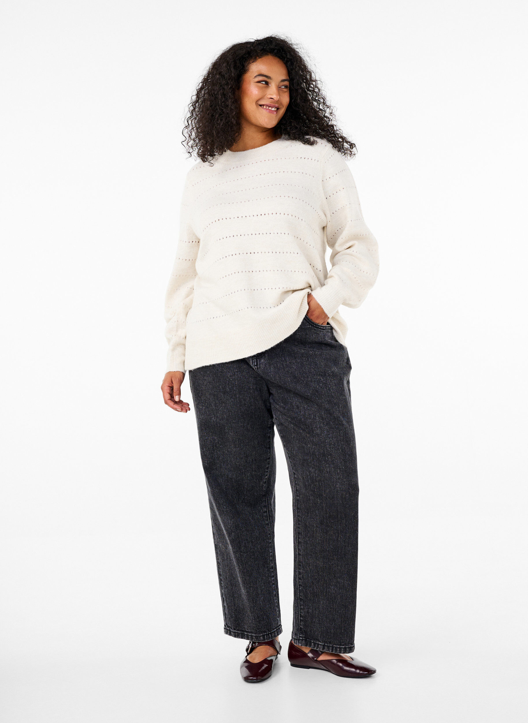 Zizzi Gebreide blouse met ronde hals en kantpatroon, Birch Mel., Model image number 2