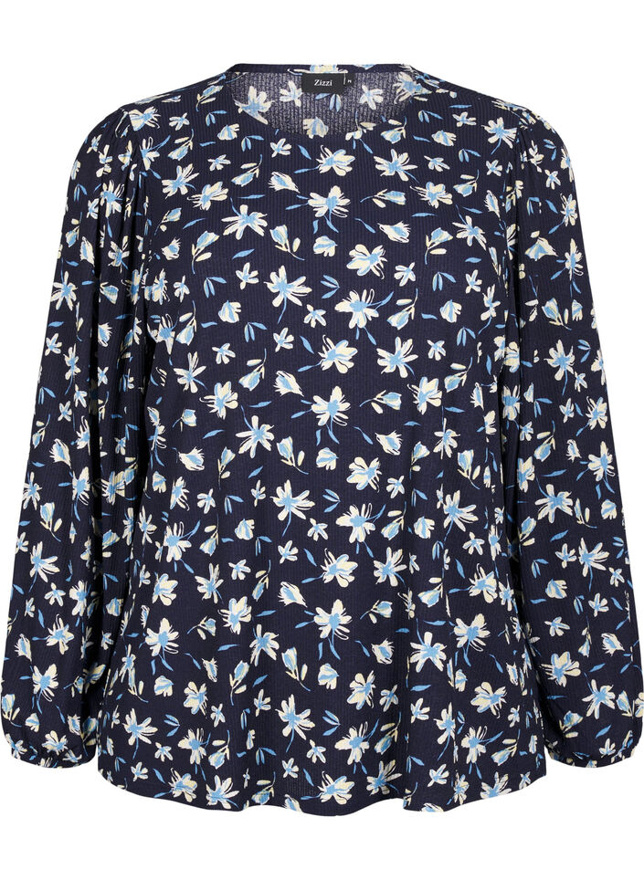 Blouse met lange mouwen en bloemenprint, Blauw, Packshot image number 0